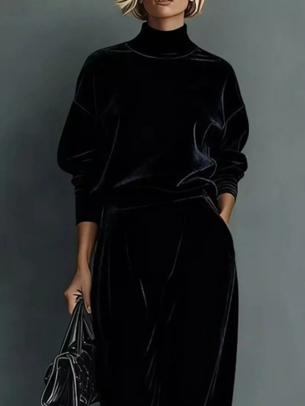 Velvet Mock Neck Top and Wide-Leg Pants Set, Full Size