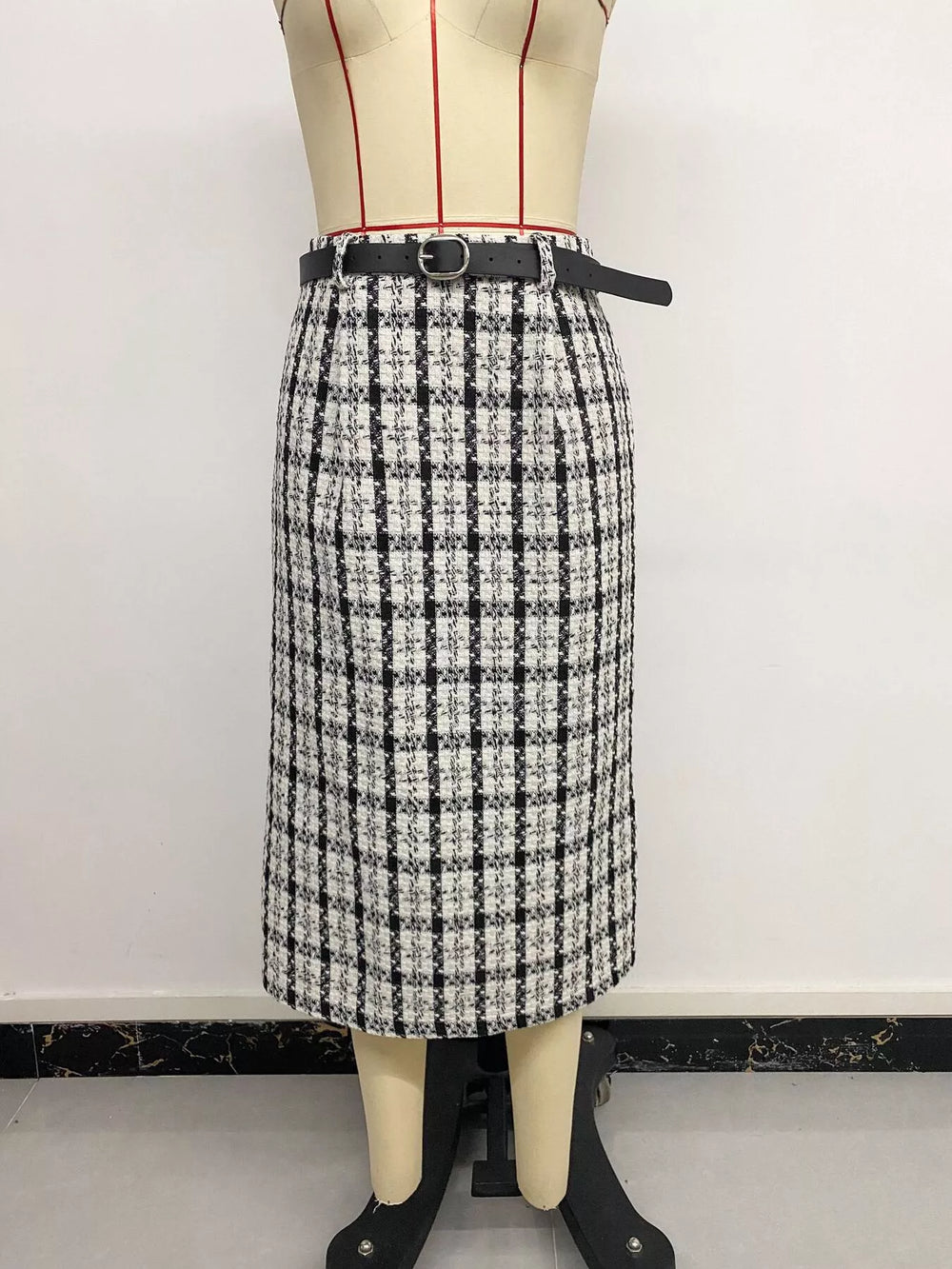 High-Waisted Tweed Plaid Midi Skirt