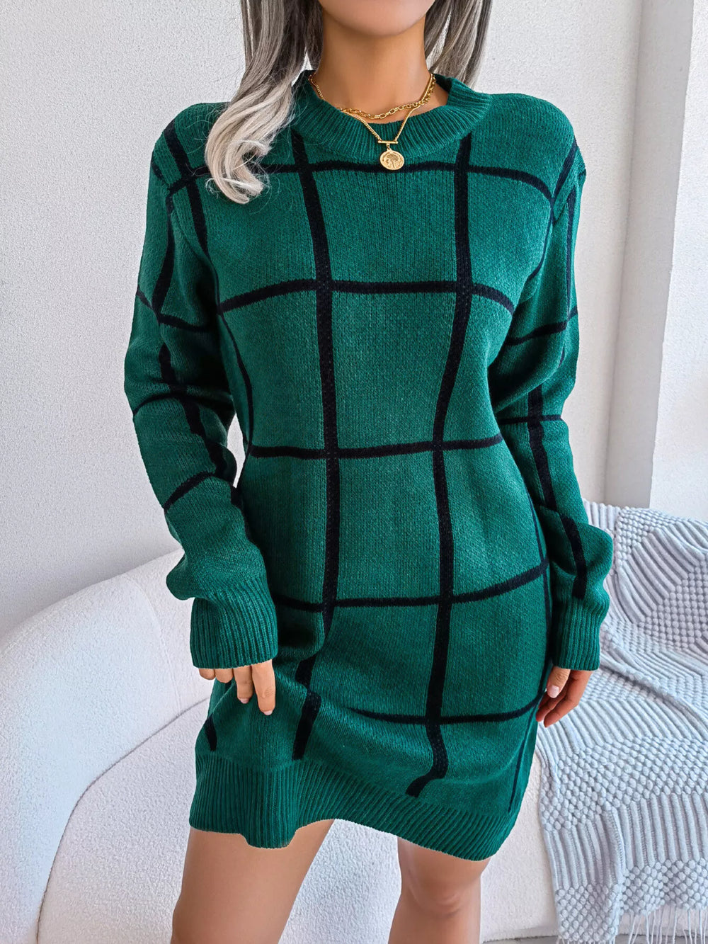 Plaid Long Sleeve Sweater Dress