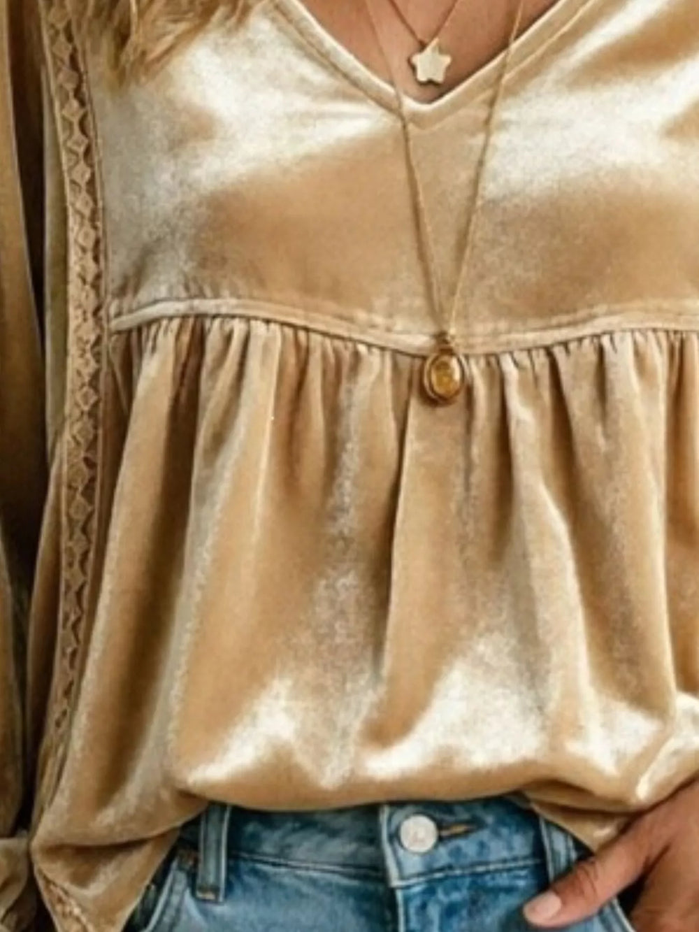 Velvet V-Neck Blouse with Lace Trim