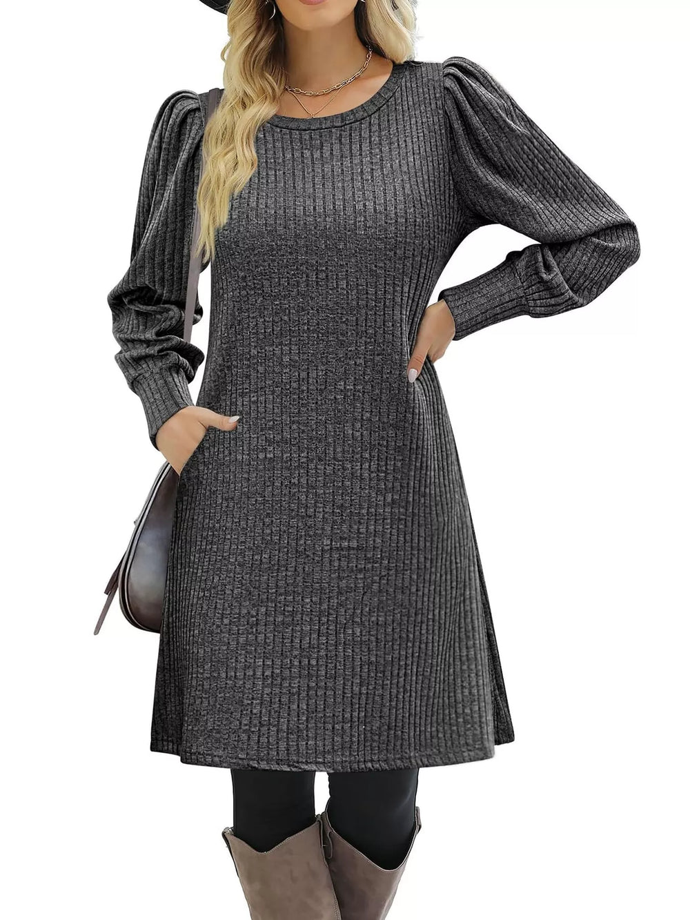 Puff Sleeve Ribbed Knit Dress with Pockets