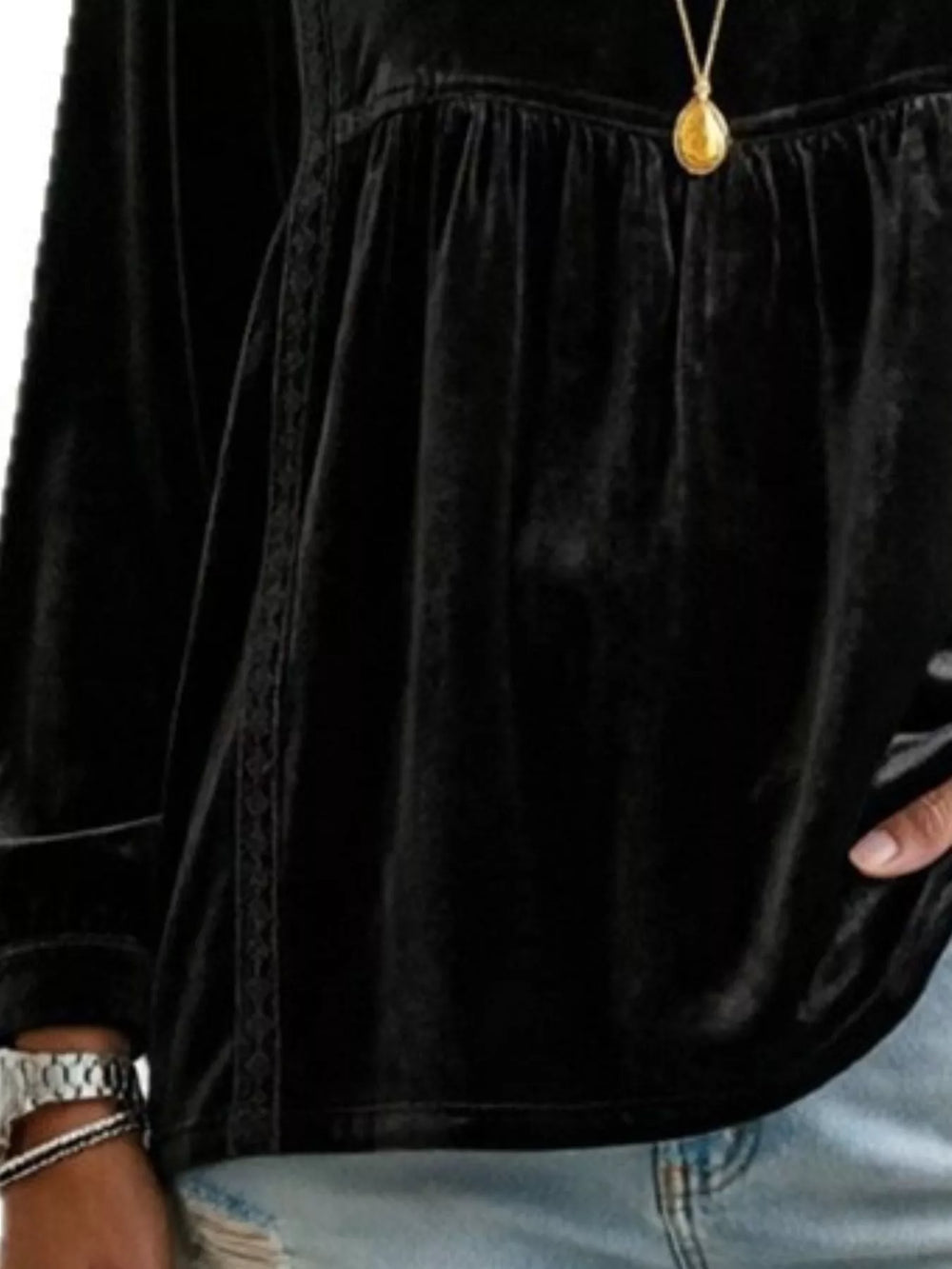 Velvet V-Neck Blouse with Lace Trim