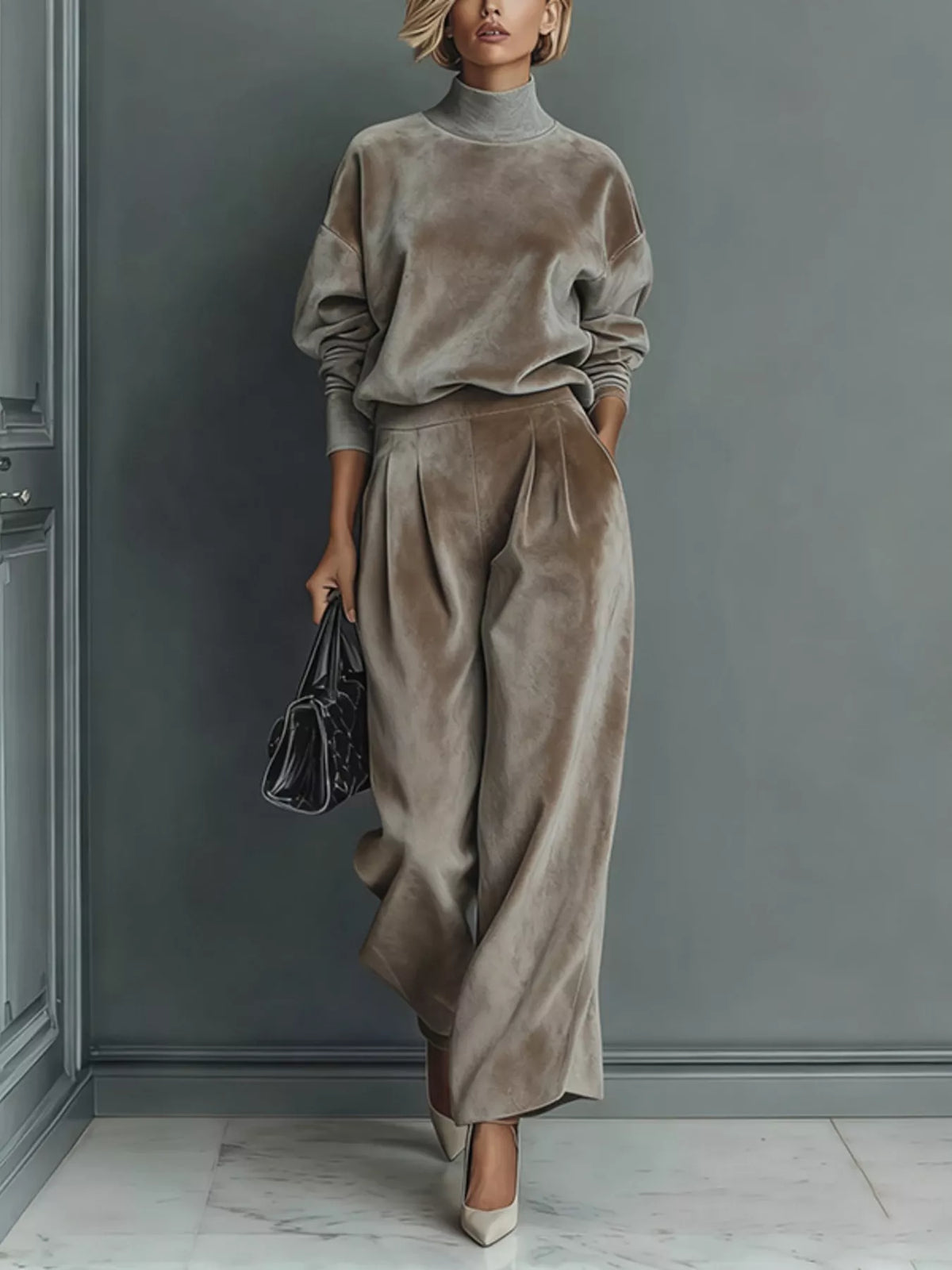 Velvet Mock Neck Top and Wide-Leg Pants Set, Full Size