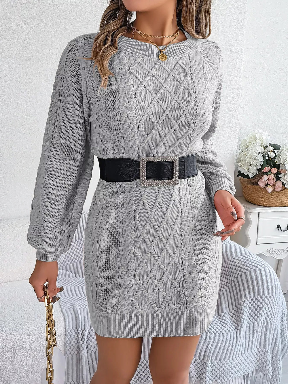 Diamond Cable Knit Long Sleeve Sweater Dress