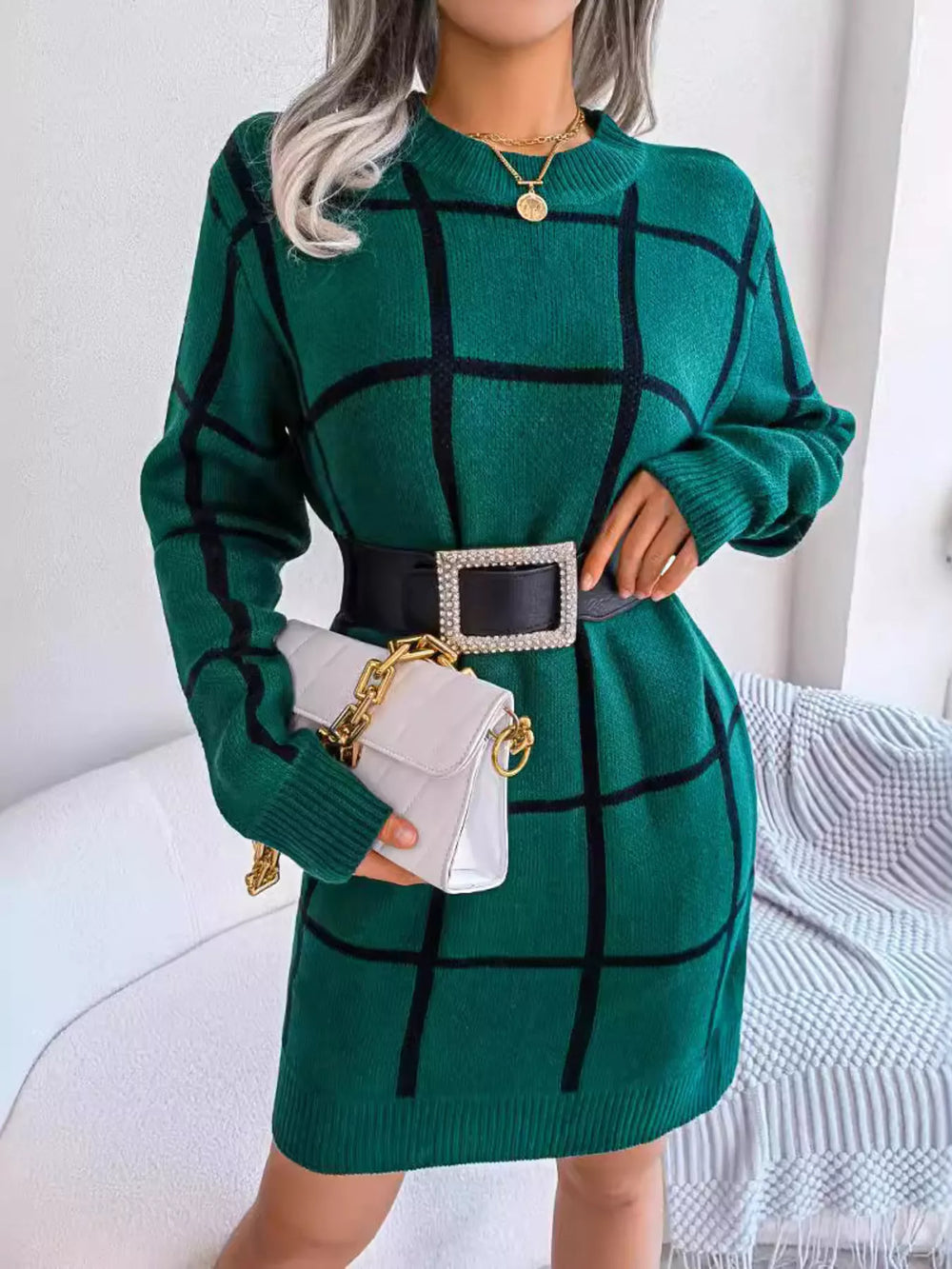 Plaid Long Sleeve Sweater Dress