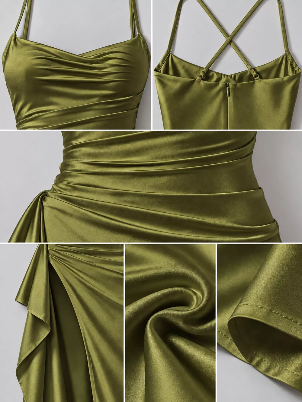 Satin Ruched High-Slit Maxi Dress
