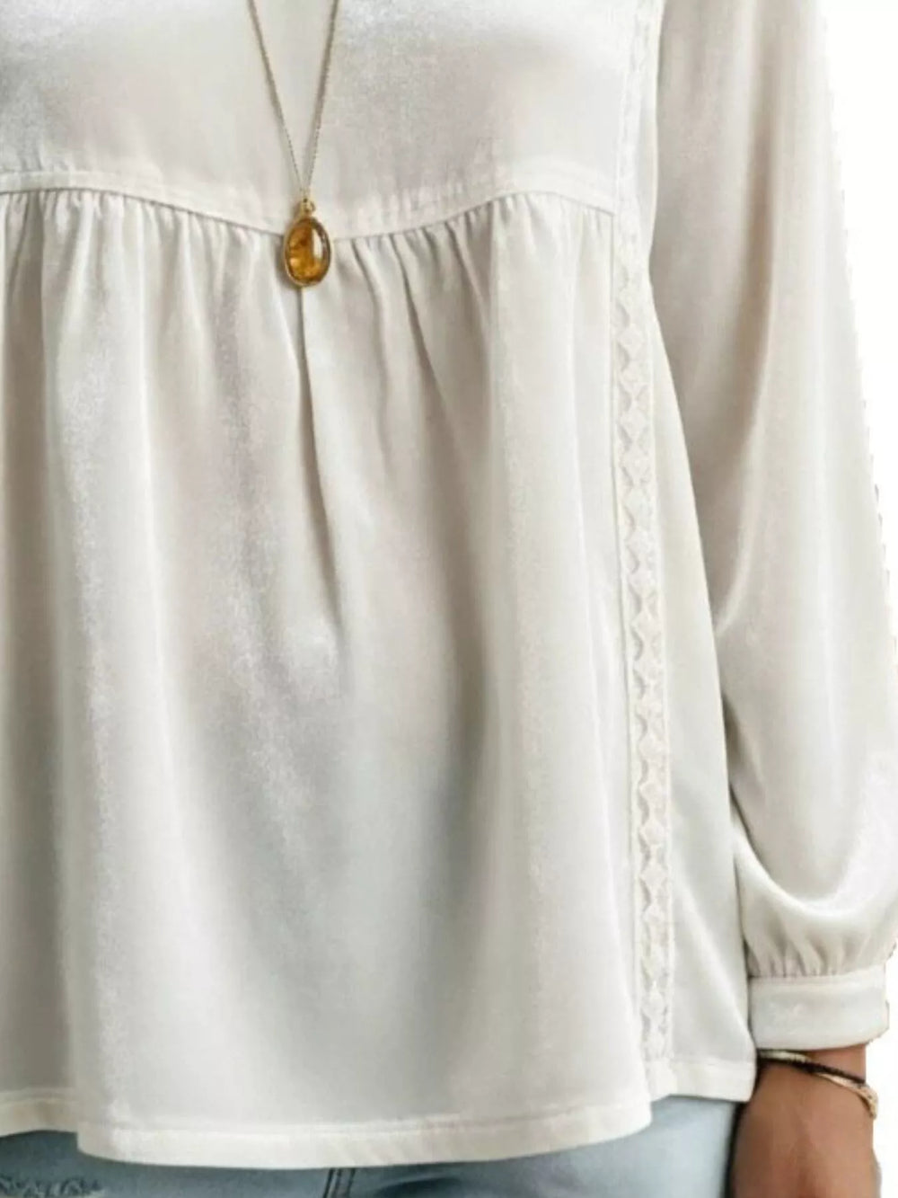 Velvet V-Neck Blouse with Lace Trim