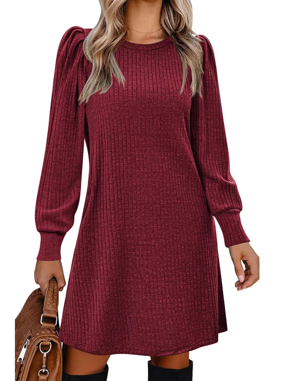 Puff Sleeve Ribbed Knit Dress with Pockets