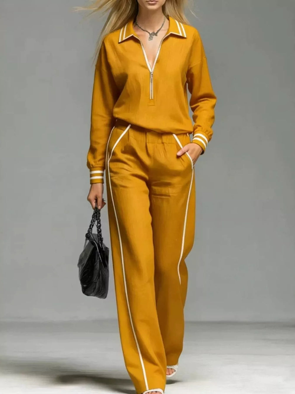 Striped Half-Zip Top and Pants Set