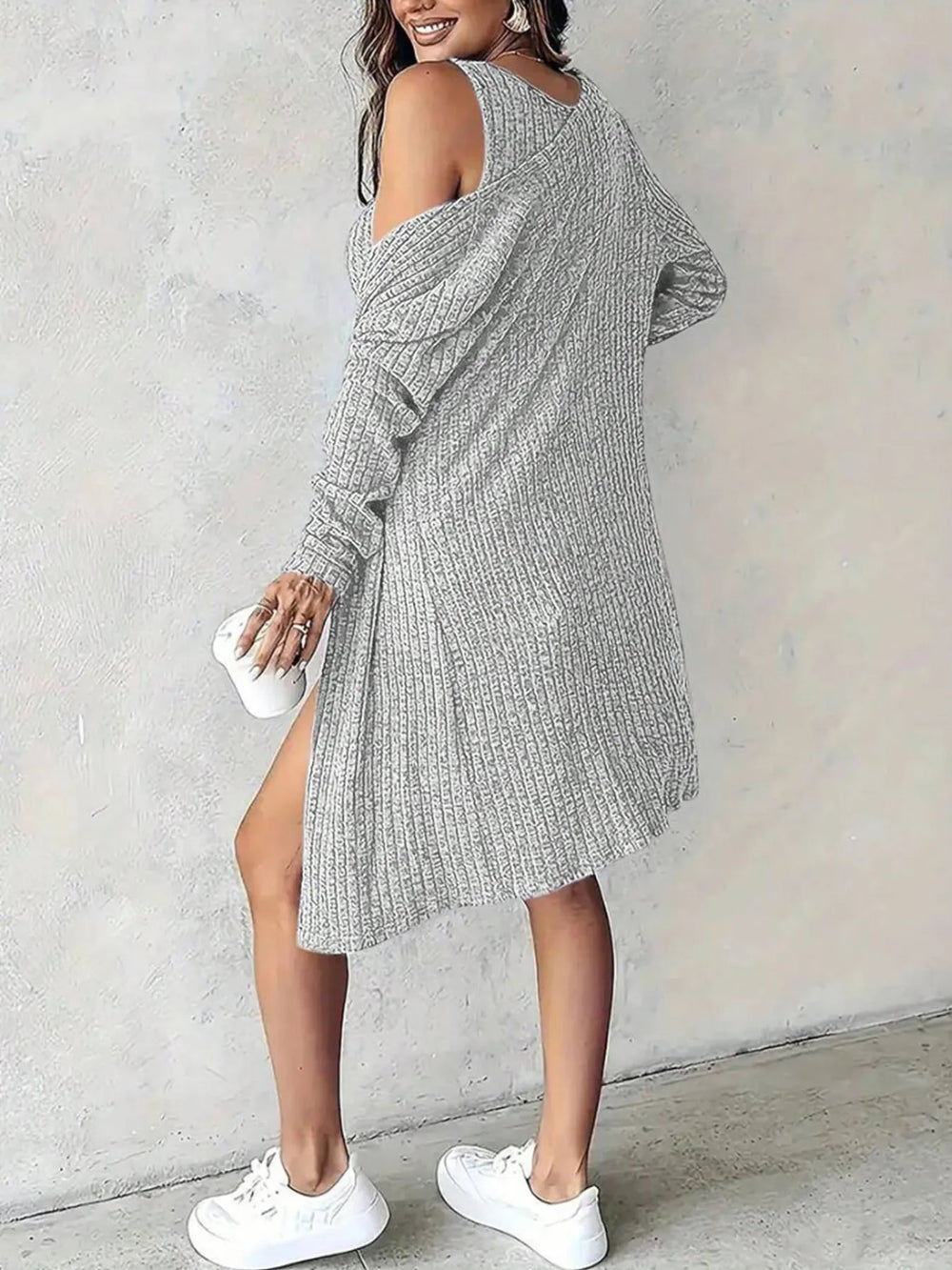 Ribbed Button-Front Dress and Cardigan Sweater Set