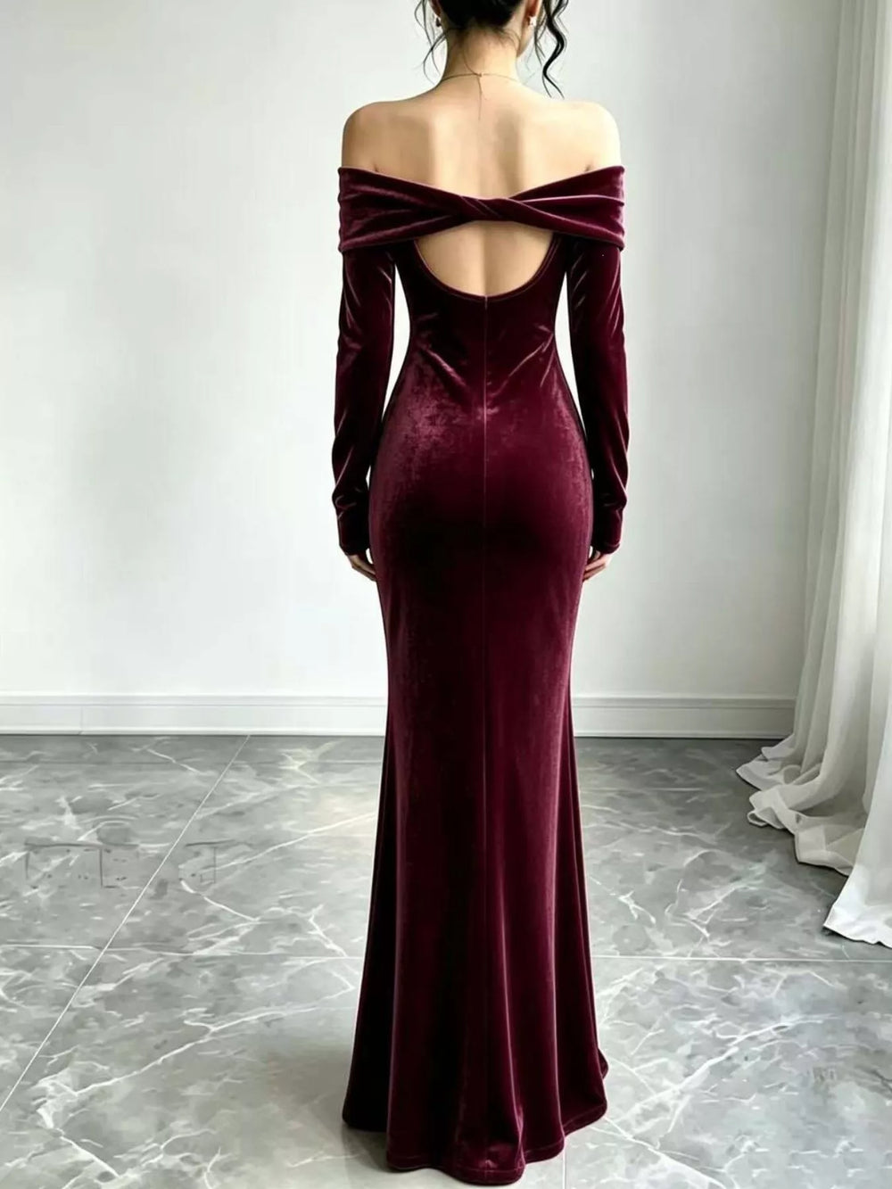 Off-Shoulder Velvet Mermaid Maxi Dress, Full Size