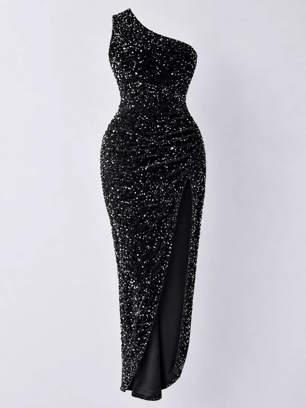 One-Shoulder Ruched Sequin High-Slit Evening Dress