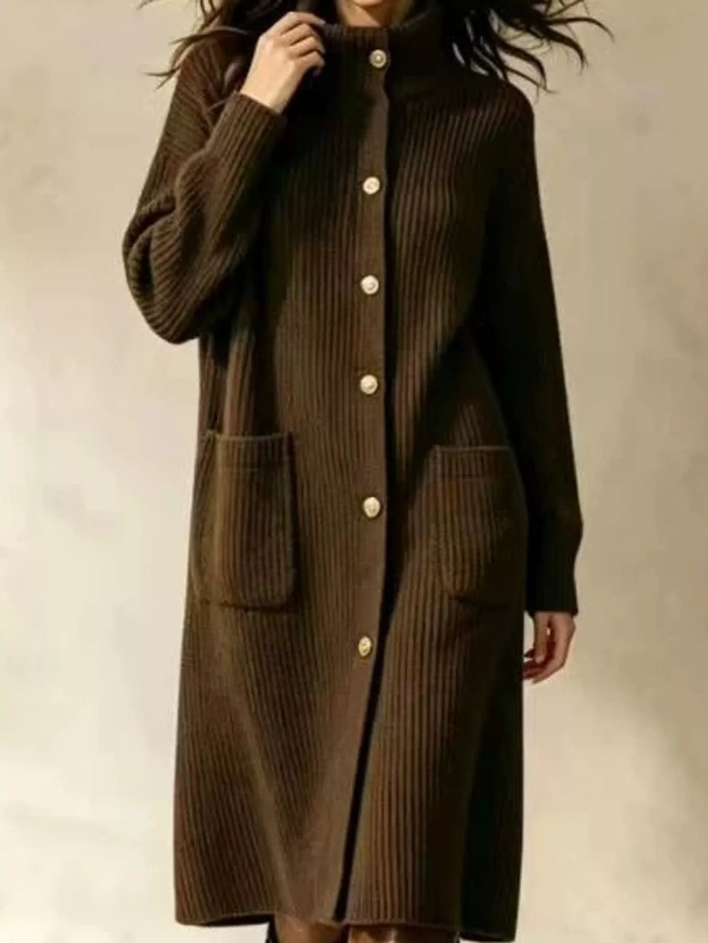 Ribbed Turtleneck Button-Up Longline Cardigan