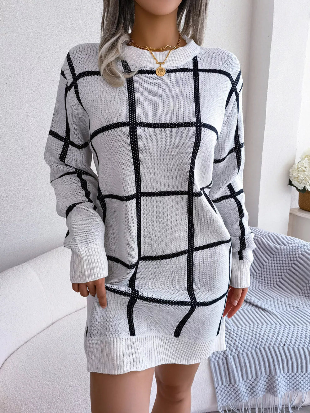 Plaid Long Sleeve Sweater Dress