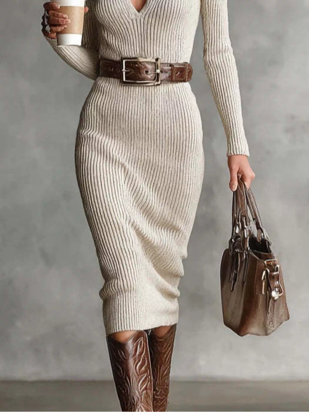 Ribbed V-Neck Midi Sweater Dress