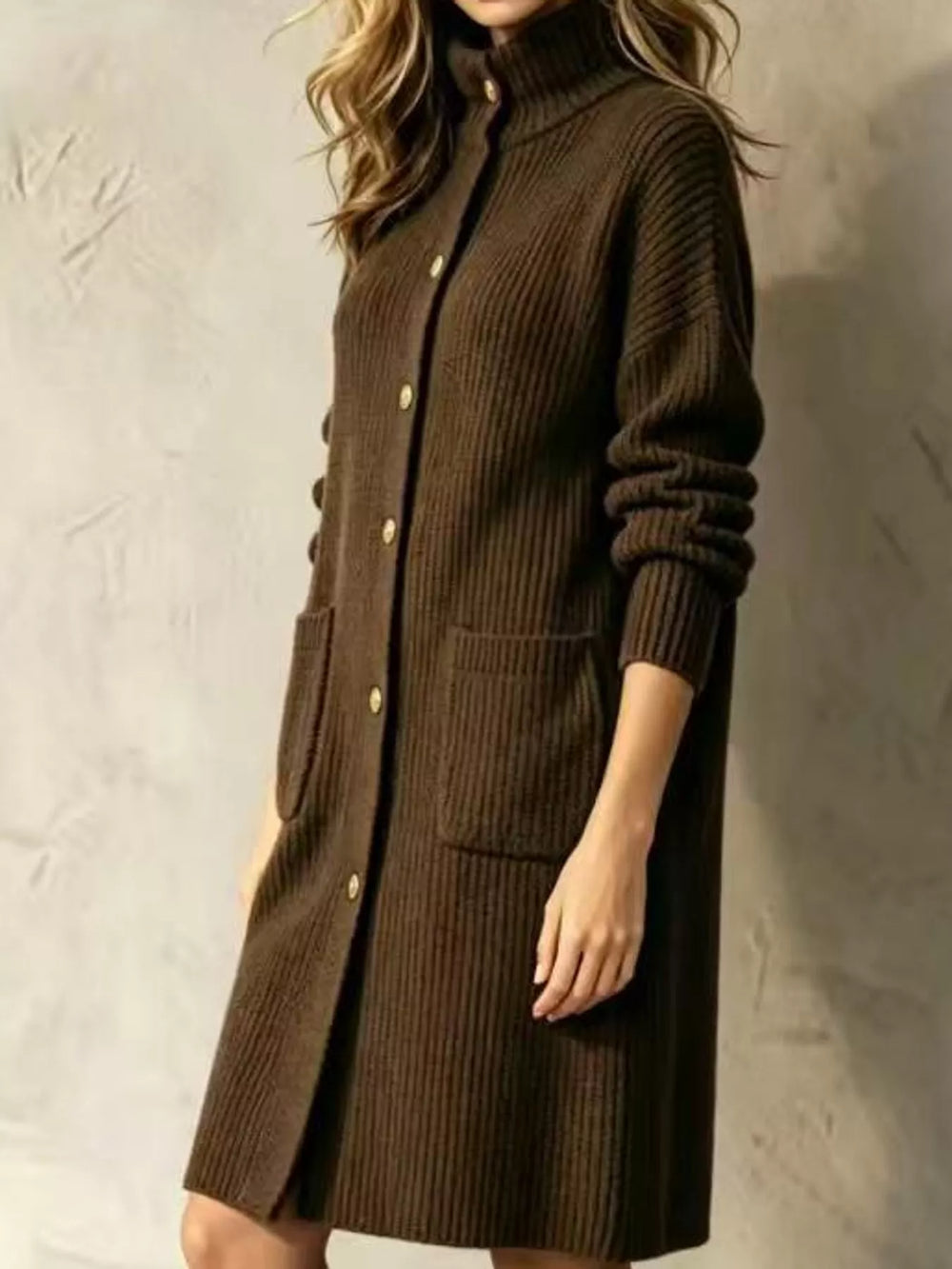 Ribbed Turtleneck Button-Up Longline Cardigan