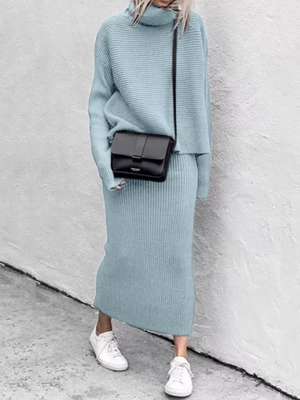 Ribbed Turtleneck Sweater & Midi Skirt Set