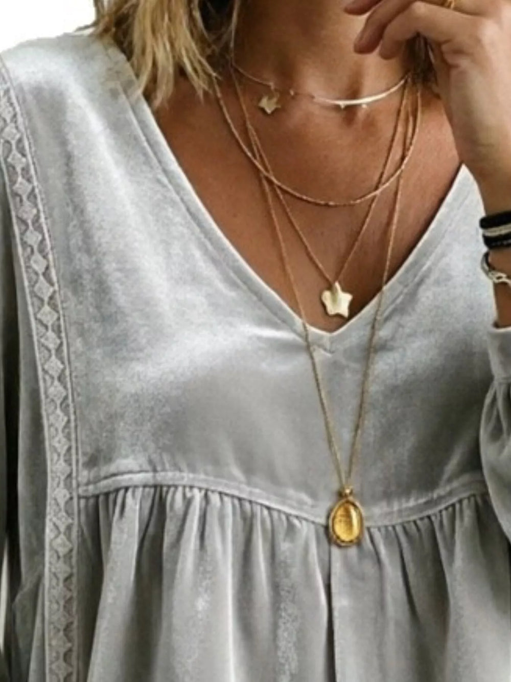 Velvet V-Neck Blouse with Lace Trim