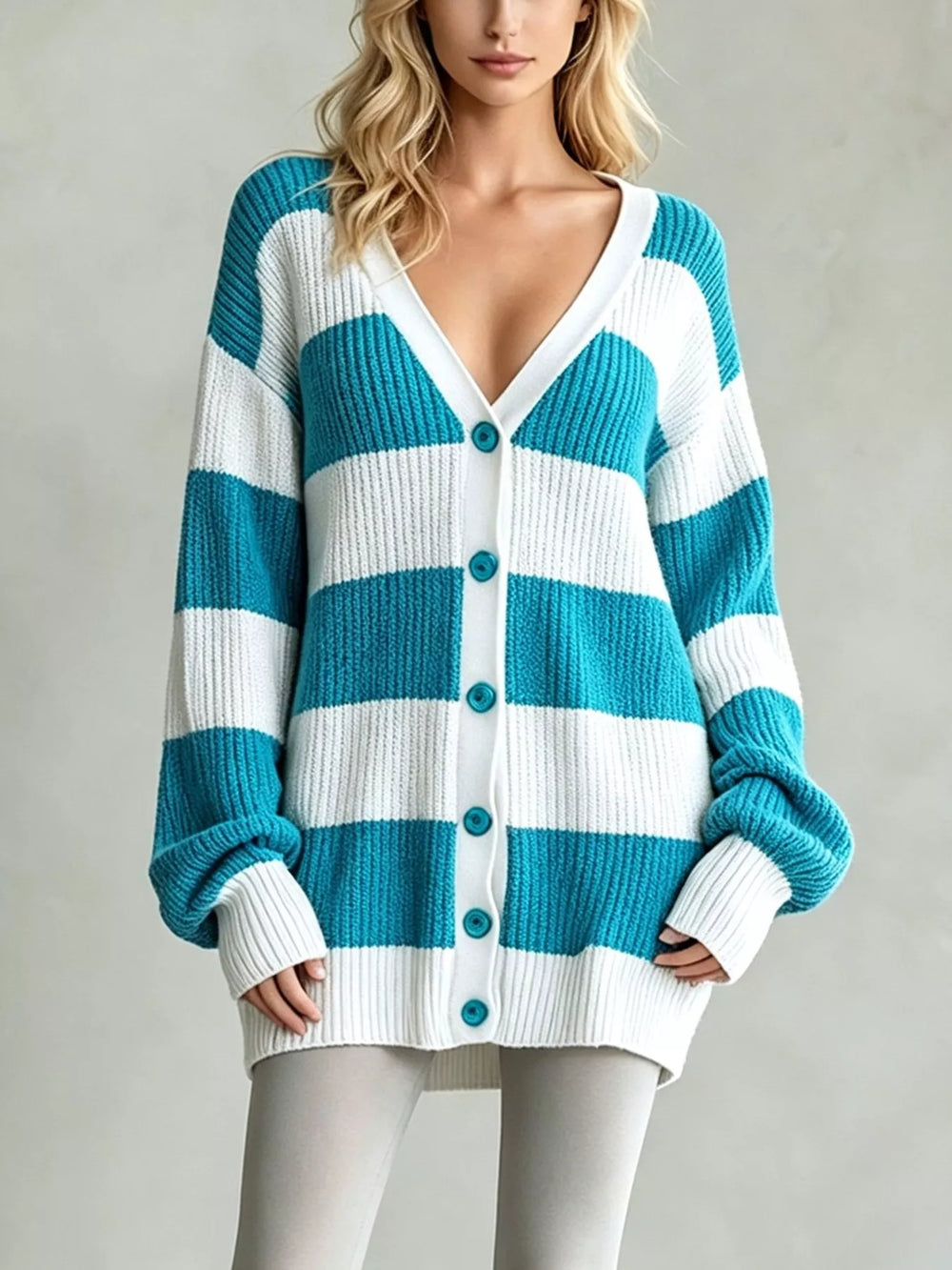 Striped V-Neck Button-Down Cardigan