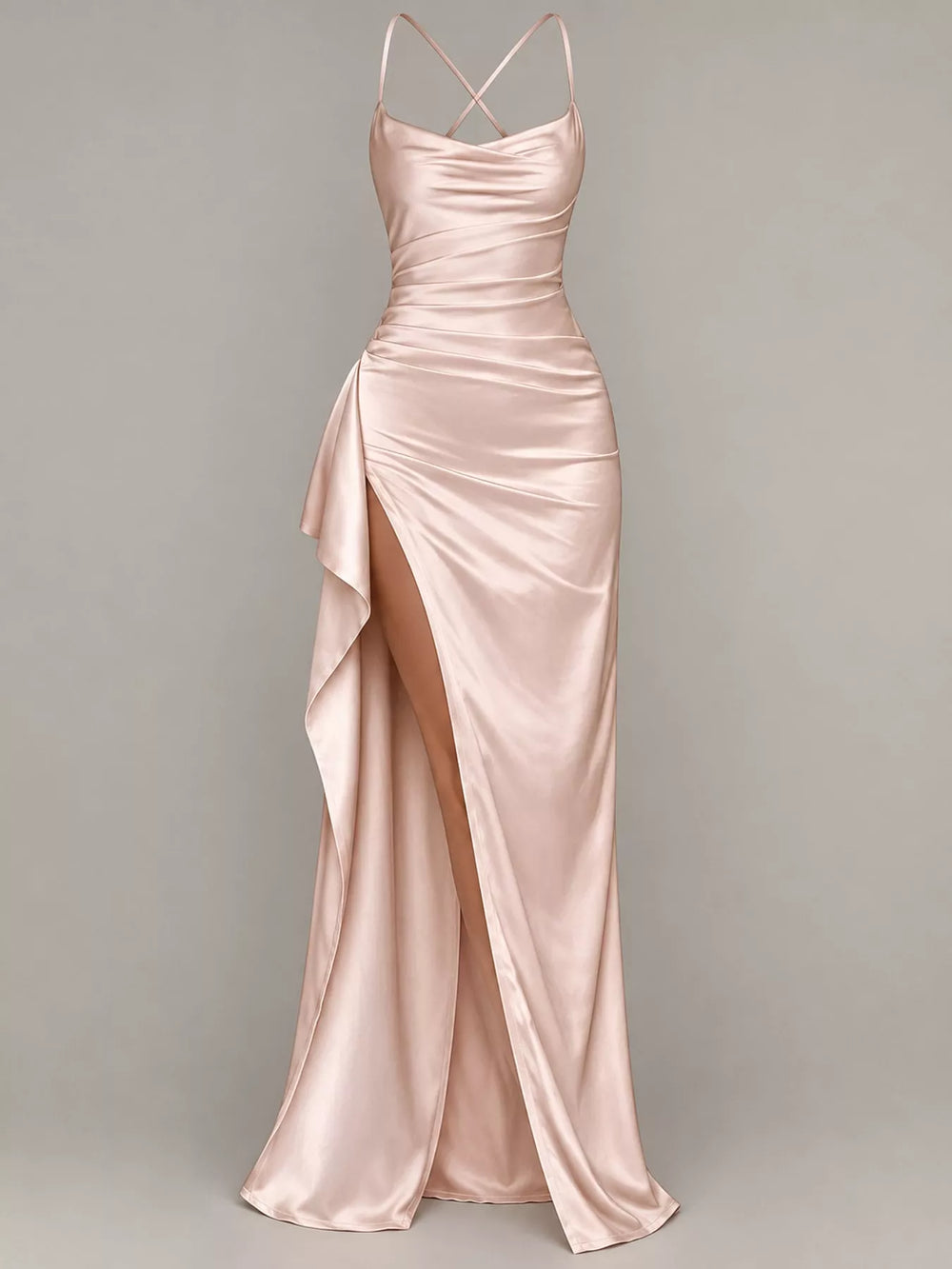 Satin Ruched High-Slit Maxi Dress