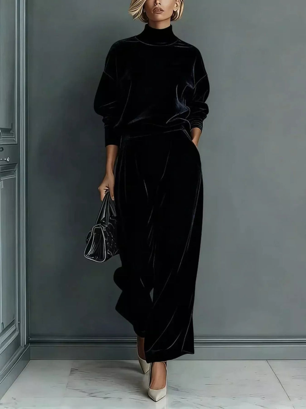 Velvet Mock Neck Top and Wide-Leg Pants Set, Full Size