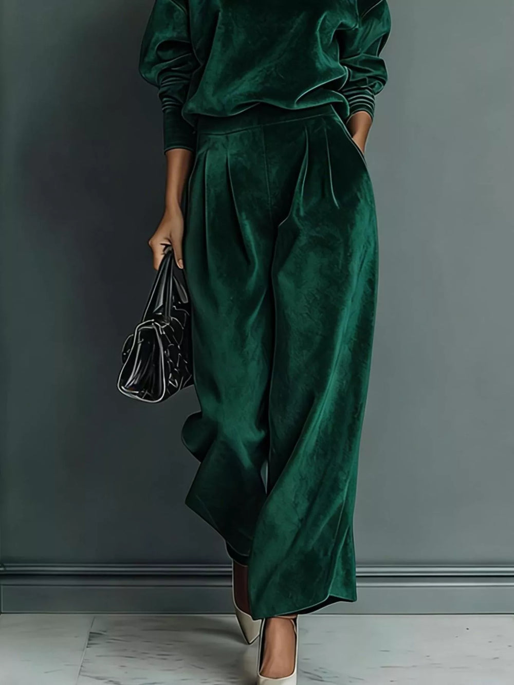 Velvet Mock Neck Top and Wide-Leg Pants Set, Full Size