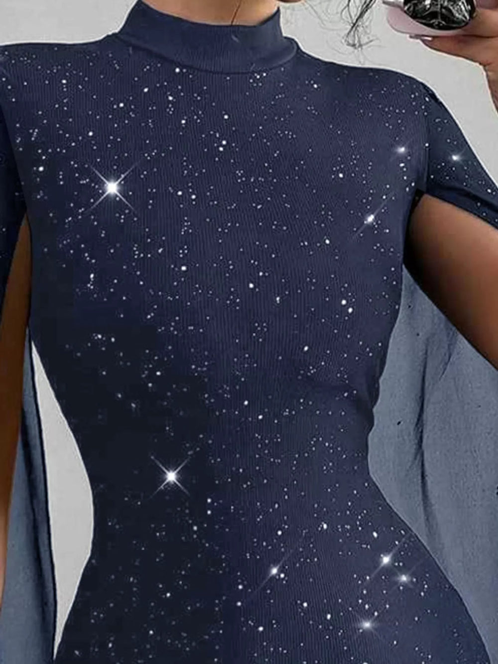 Glitter Mock Neck Cape-Sleeve Bodycon Mini Dress