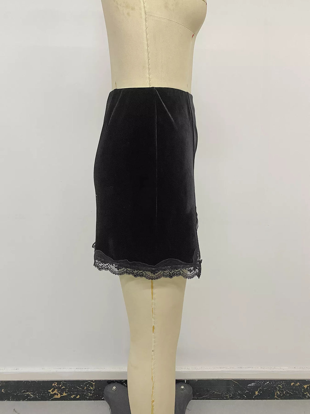 Velvet Mini Skirt with Lace Trim