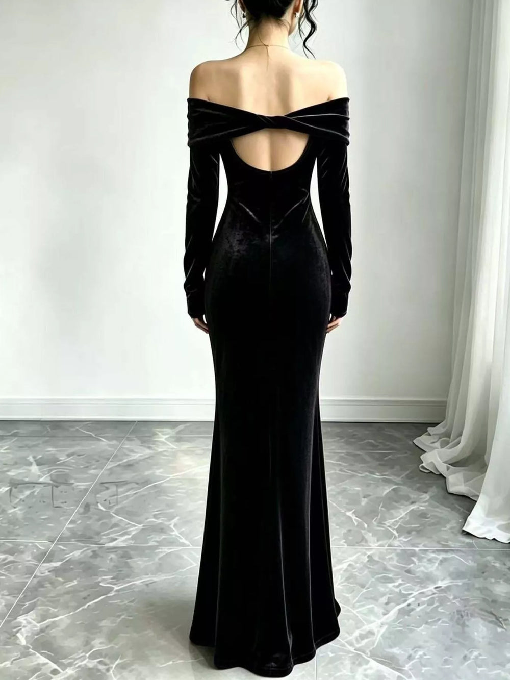 Off-Shoulder Velvet Mermaid Maxi Dress, Full Size