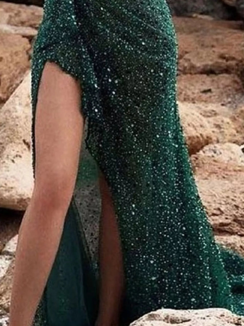Sequin One-Shoulder High-Slit Evening Dress, Full Size