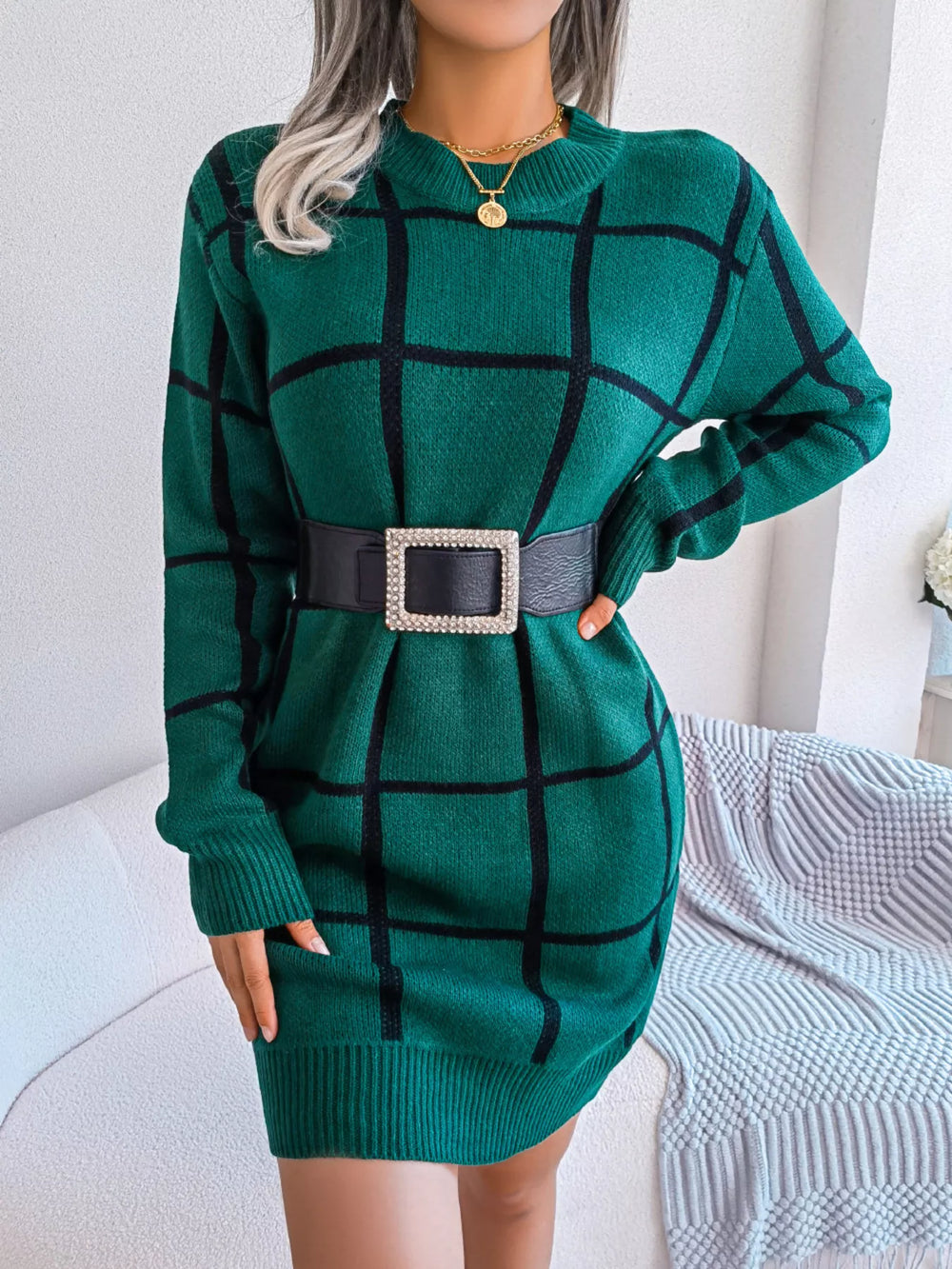 Plaid Long Sleeve Sweater Dress