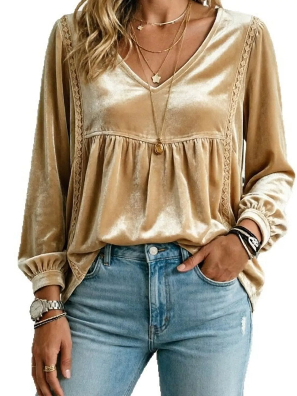 Velvet V-Neck Blouse with Lace Trim