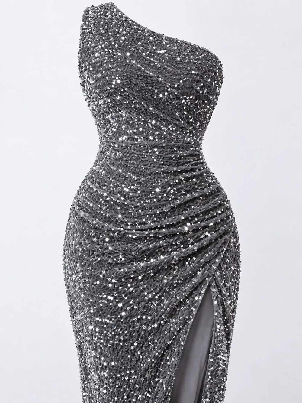 One-Shoulder Ruched Sequin High-Slit Evening Dress