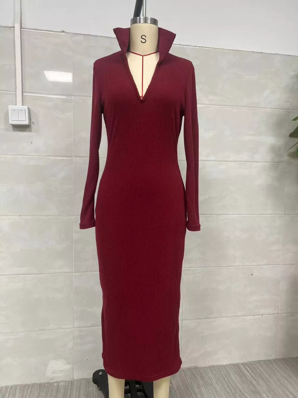 Ribbed V-Neck Midi Sweater Dress