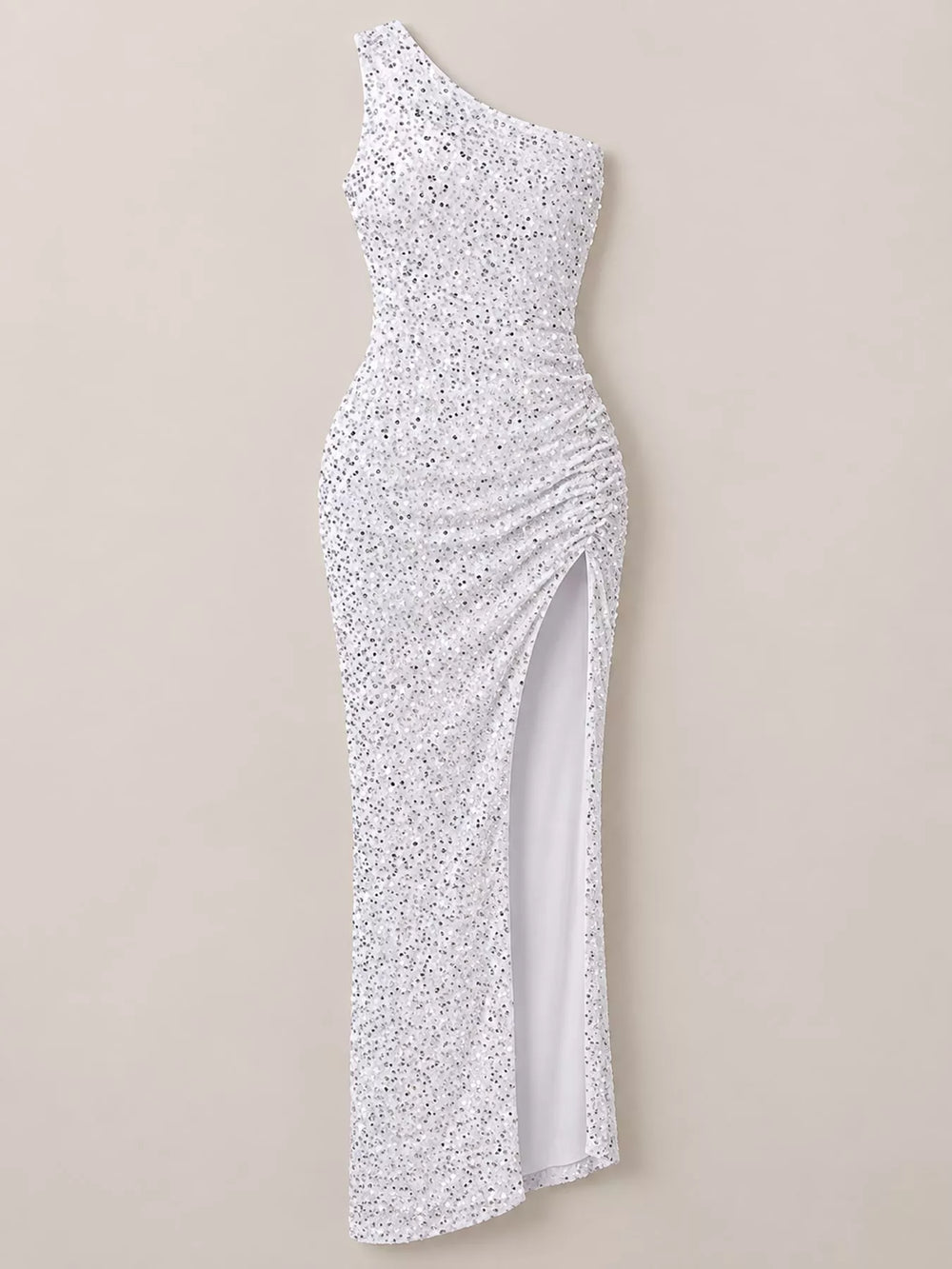 One-Shoulder Ruched Sequin High-Slit Evening Dress