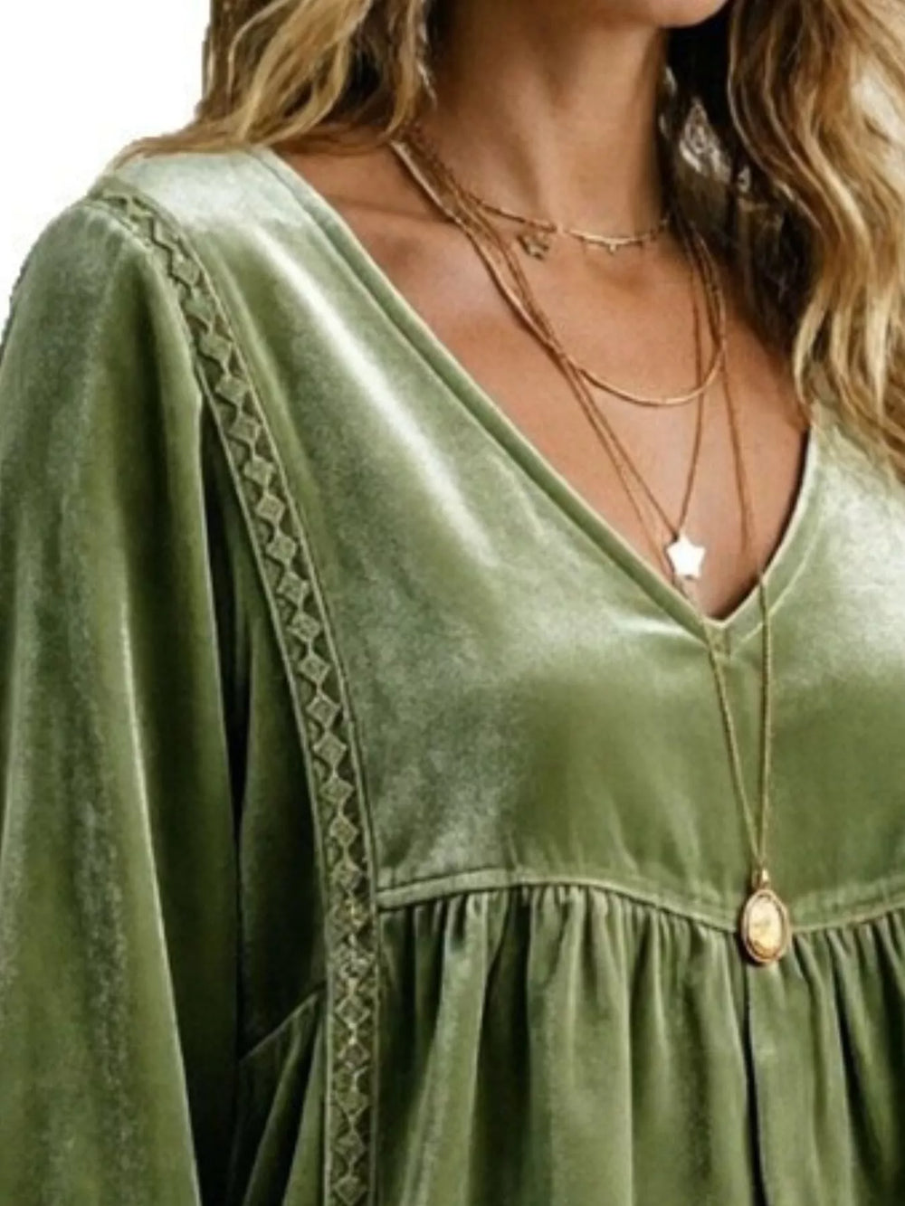 Velvet V-Neck Blouse with Lace Trim