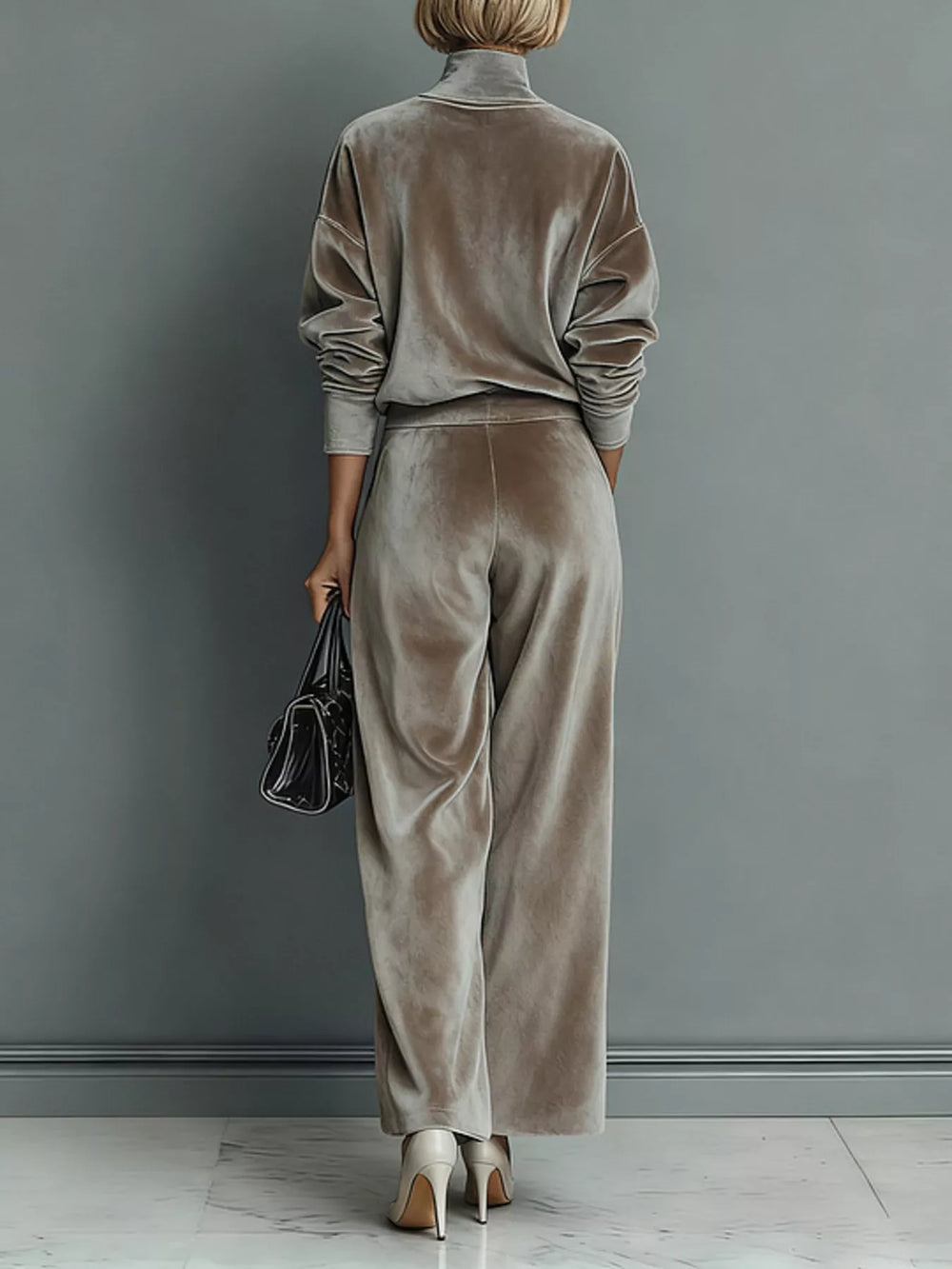 Velvet Mock Neck Top and Wide-Leg Pants Set, Full Size