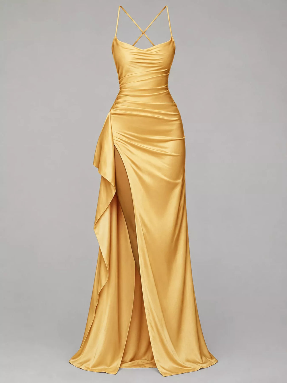 Satin Ruched High-Slit Maxi Dress