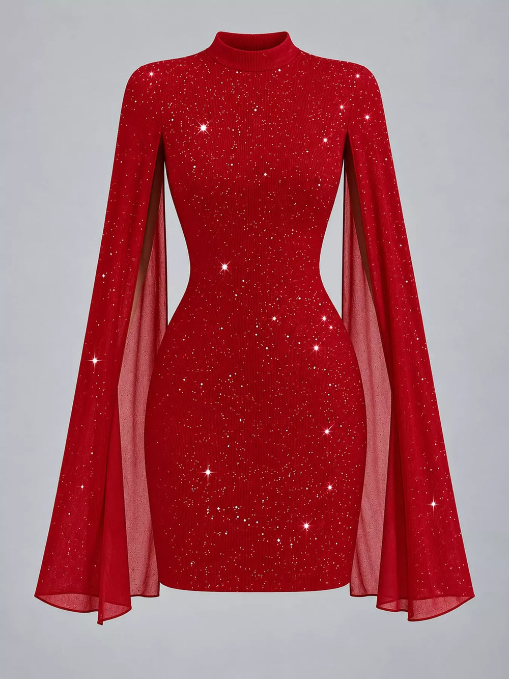 Glitter Mock Neck Cape-Sleeve Bodycon Mini Dress