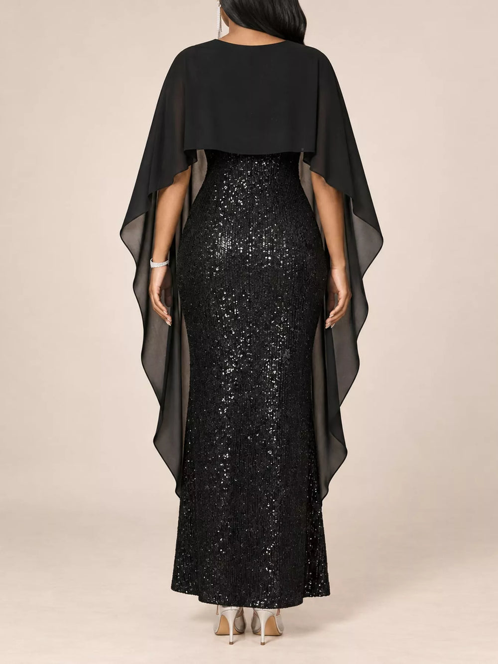 Sequin Cape Overlay Evening Dress