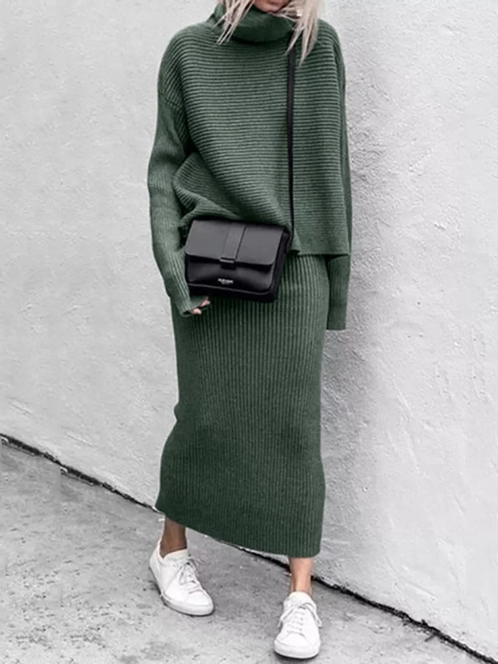 Ribbed Turtleneck Sweater & Midi Skirt Set