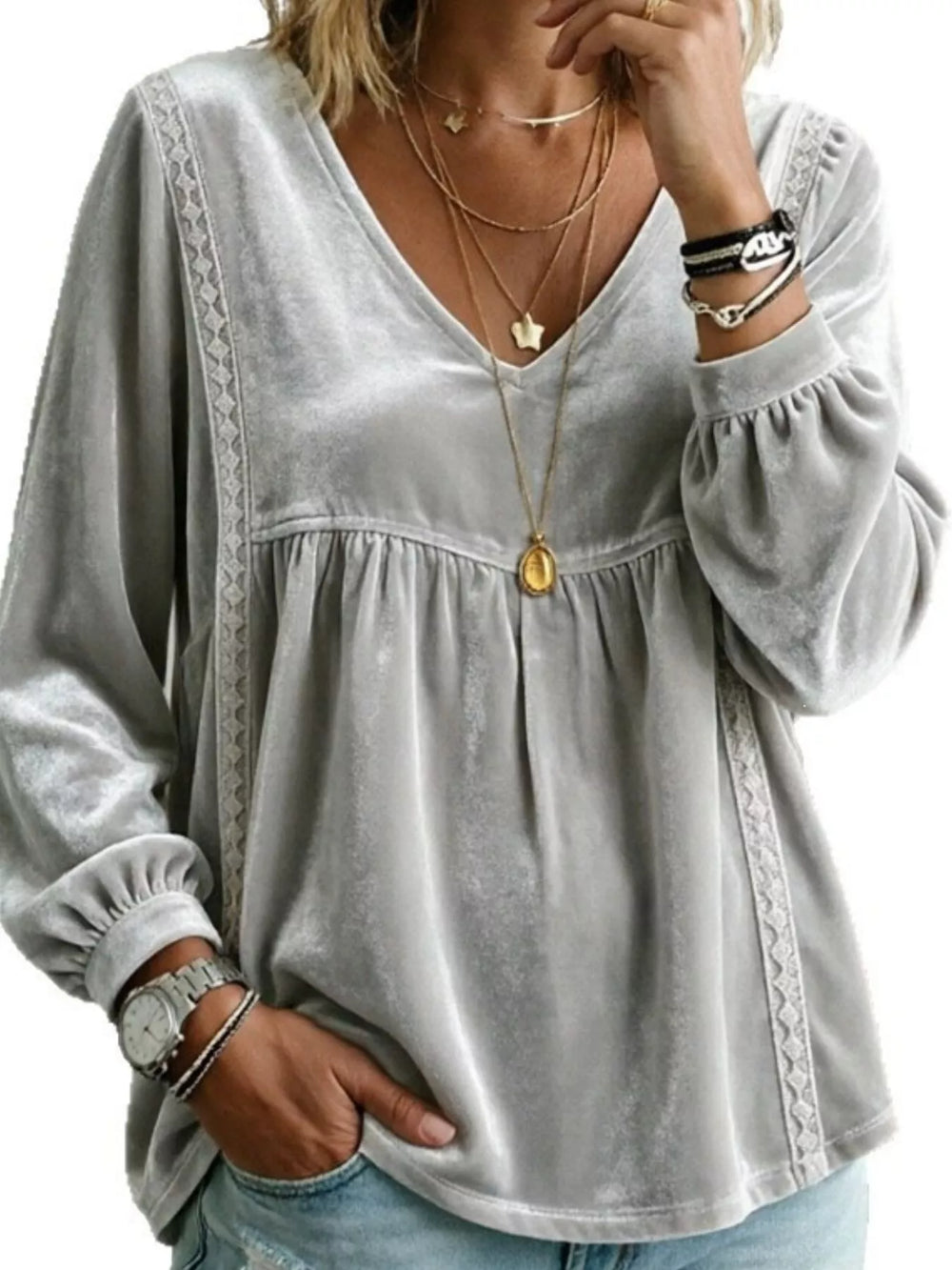 Velvet V-Neck Blouse with Lace Trim