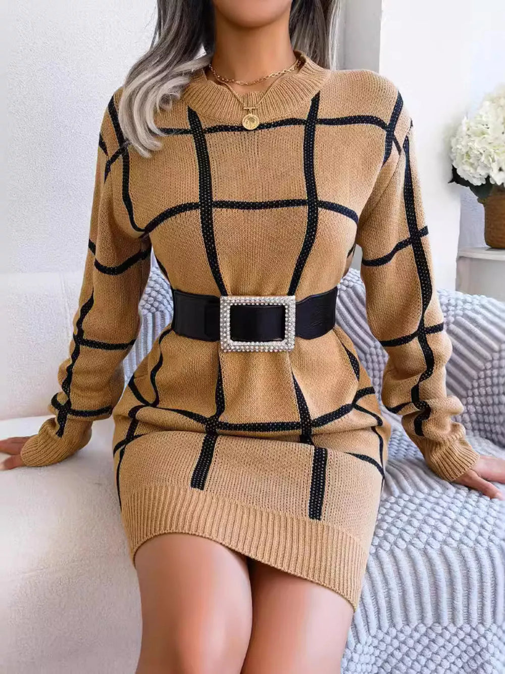 Plaid Long Sleeve Sweater Dress