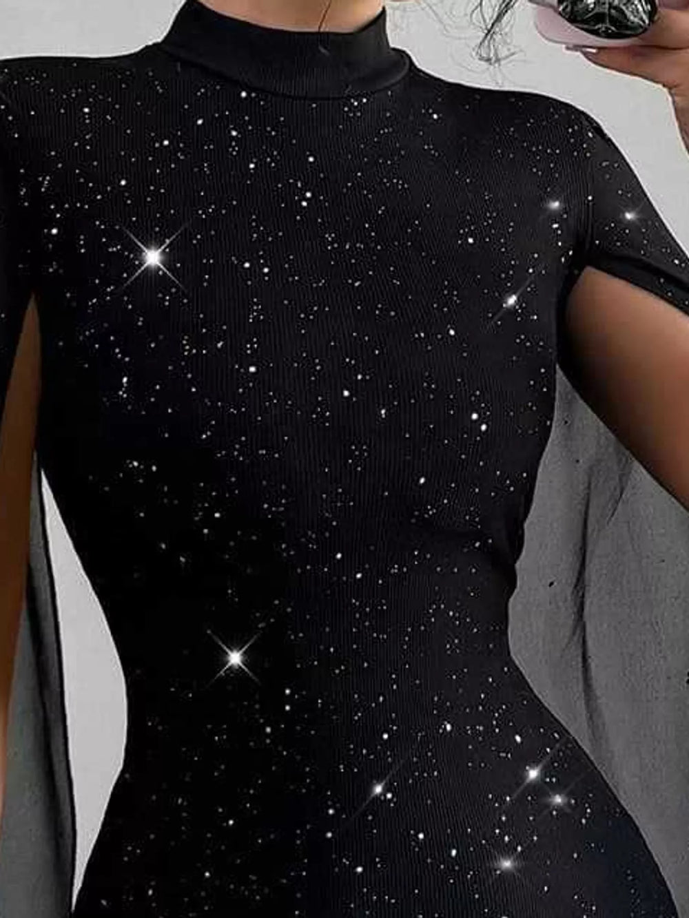 Glitter Mock Neck Cape-Sleeve Bodycon Mini Dress