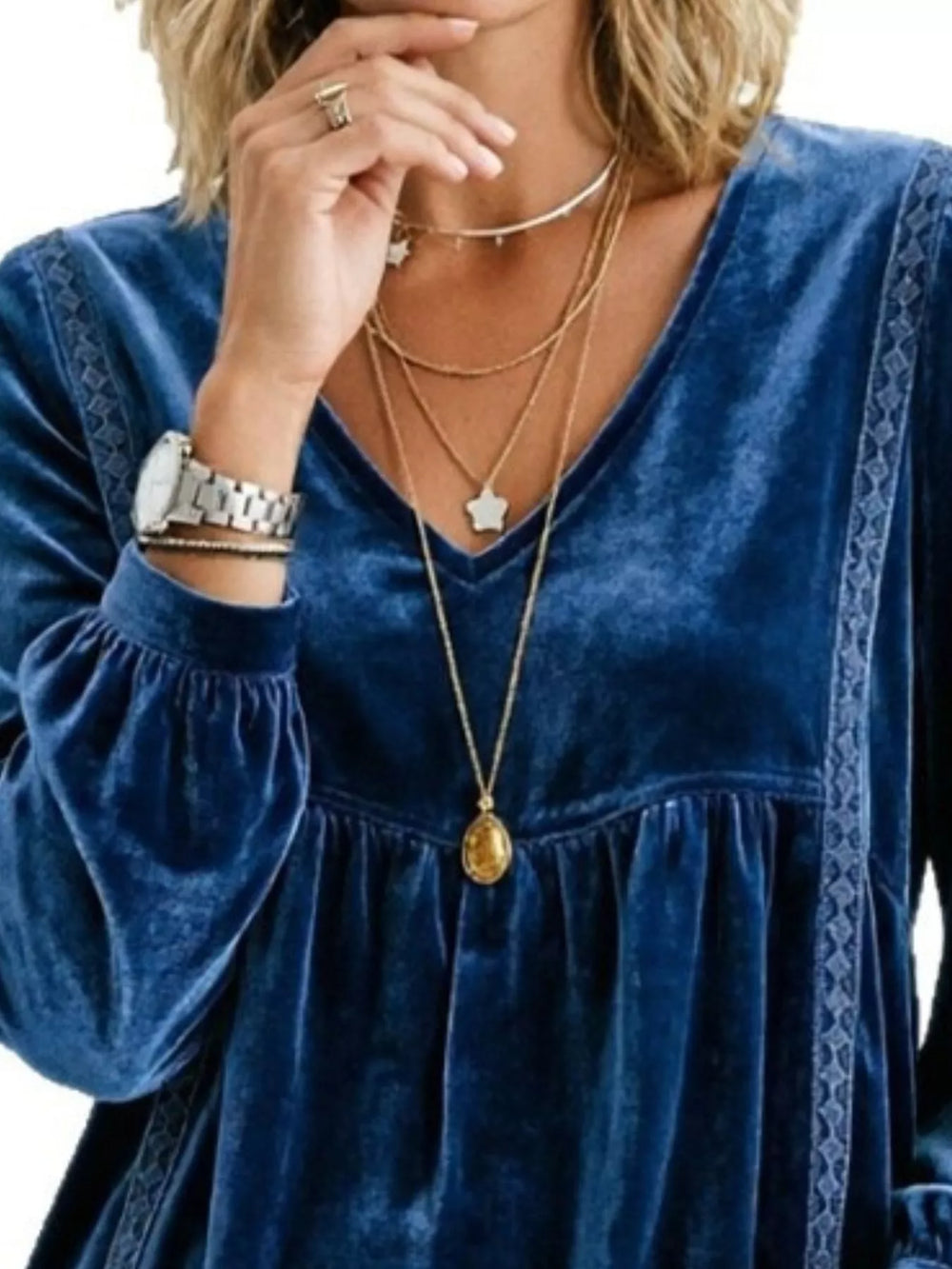Velvet V-Neck Blouse with Lace Trim