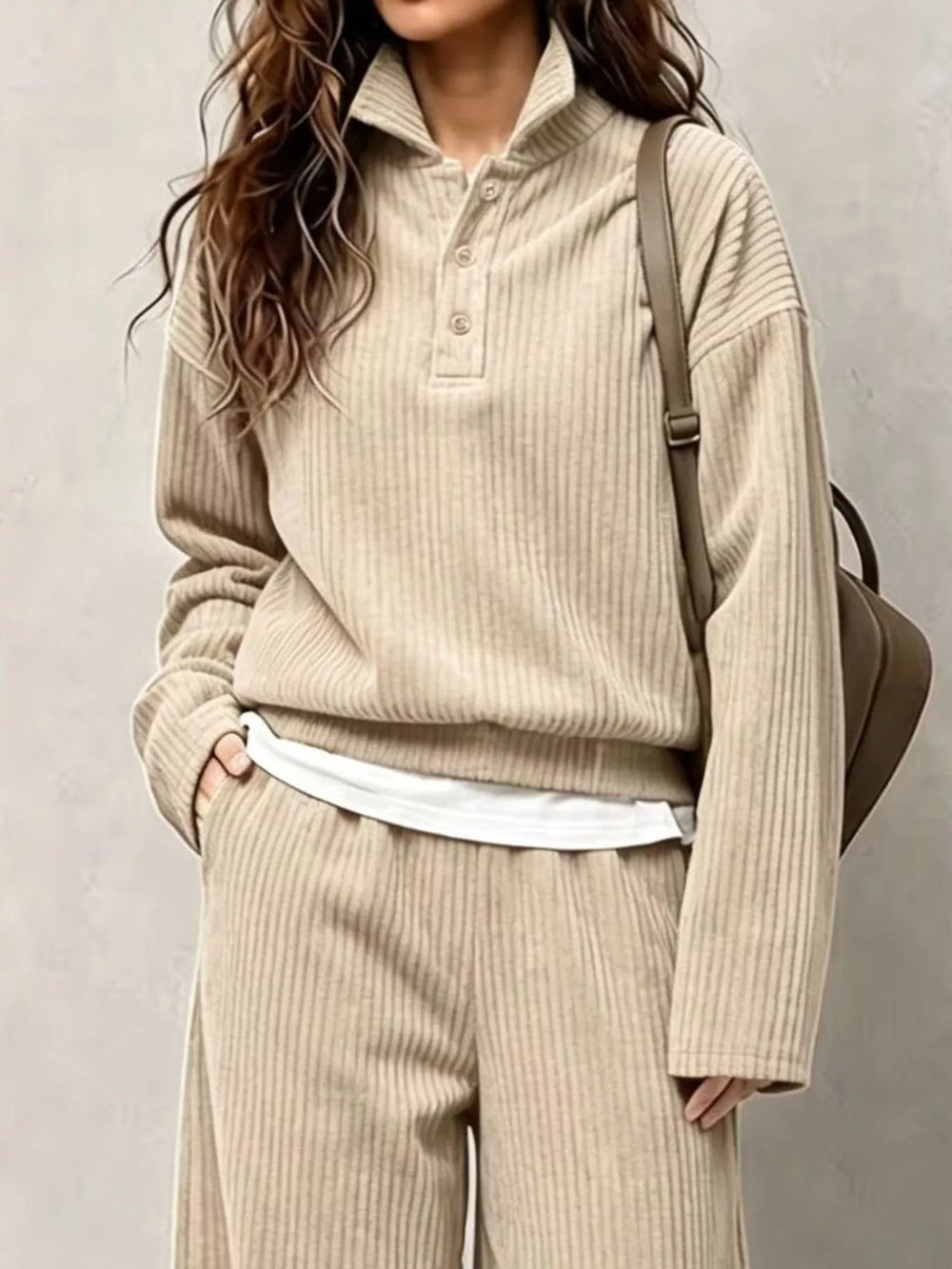 Corduroy Button Detail Top and Wide-Leg Pants Set