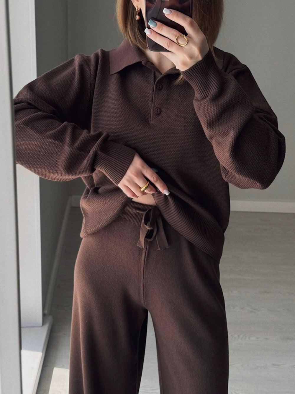 Polo Collar Top and Pants or Skirt Knit Set