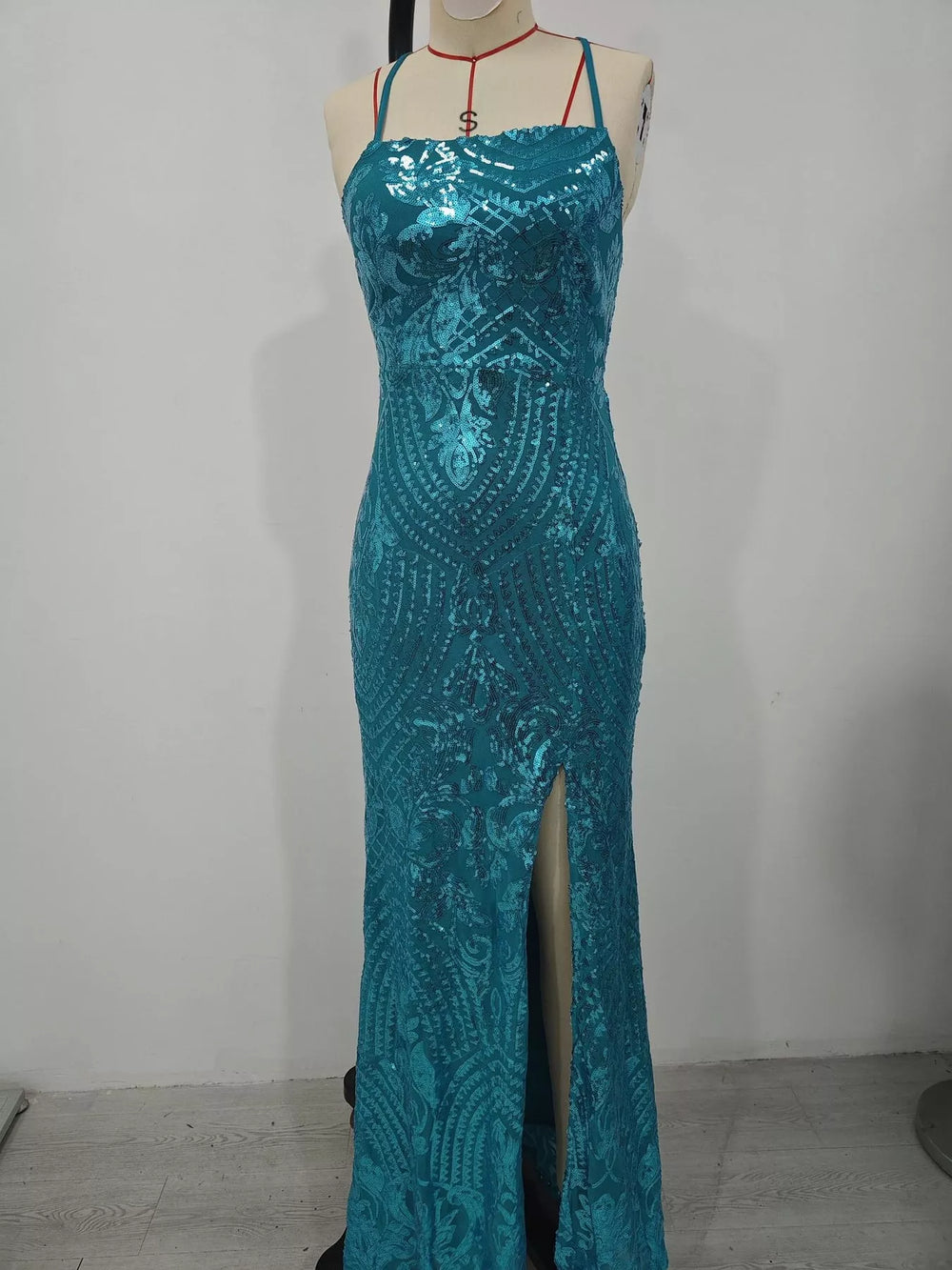 Sequin Embellished Bodycon Backless Evening Dress with Back Lace-Up