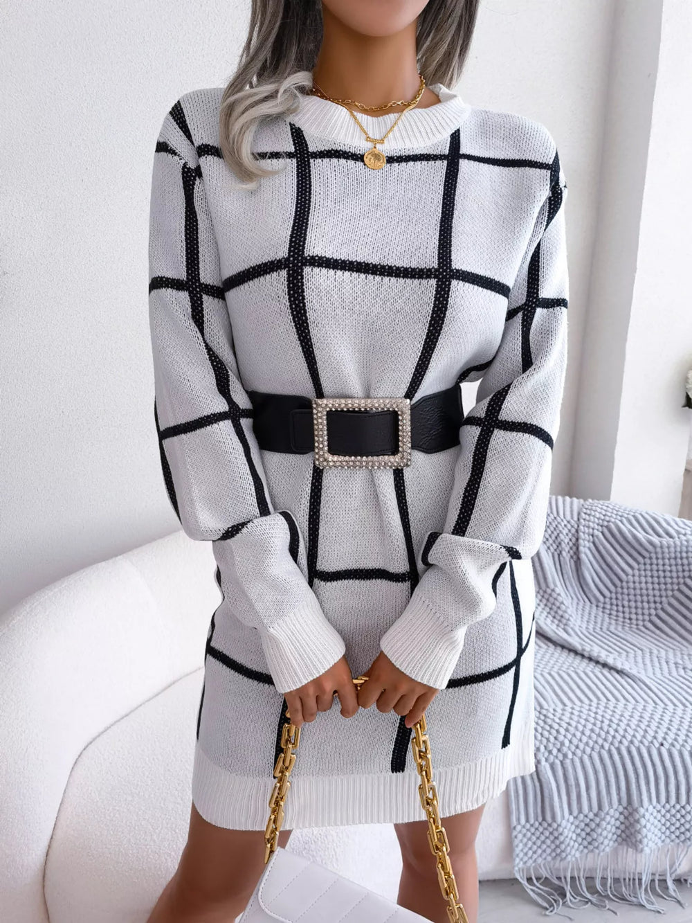 Plaid Long Sleeve Sweater Dress