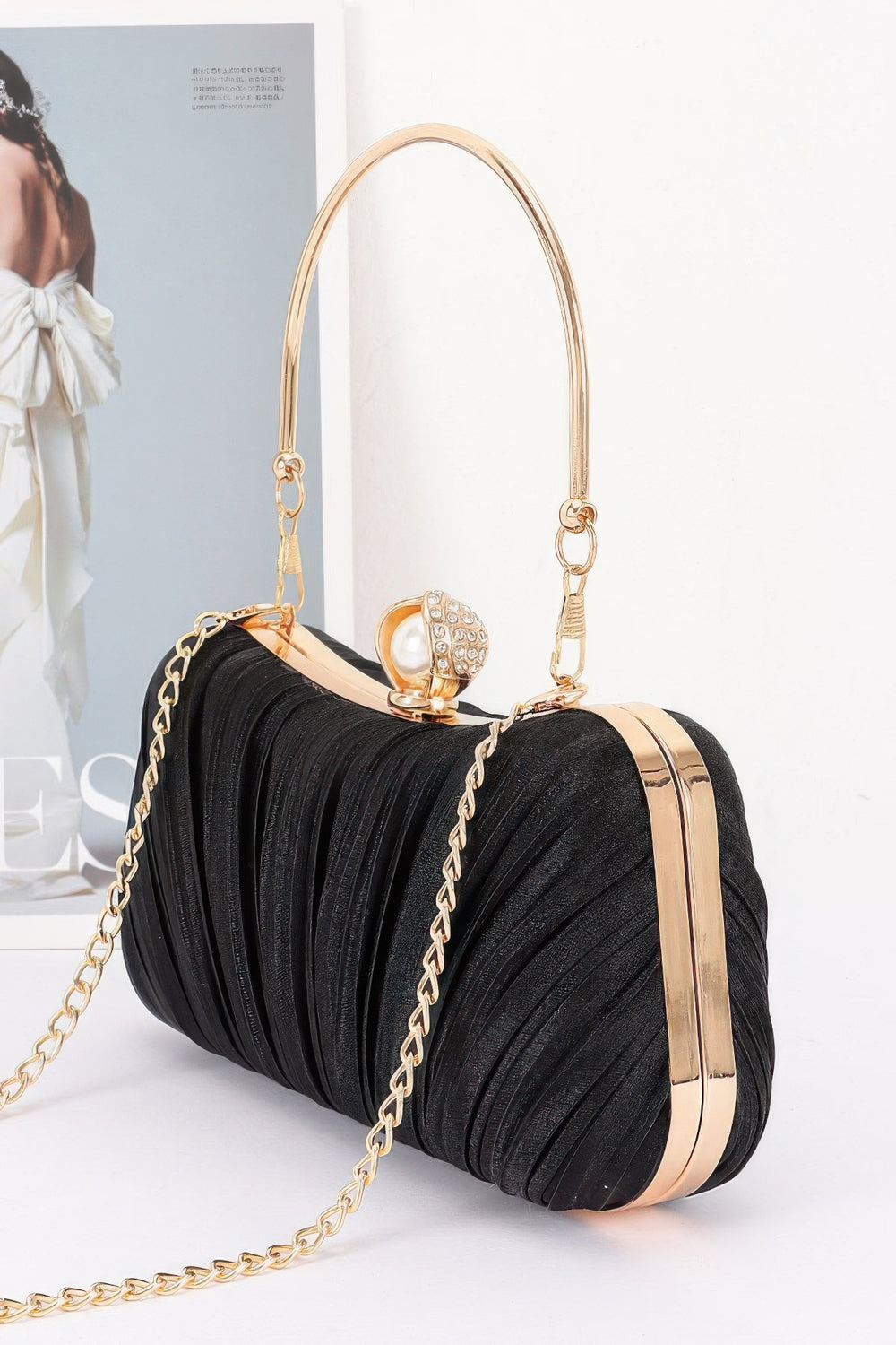 Pleated Pearl-Clasp Evening Clutch